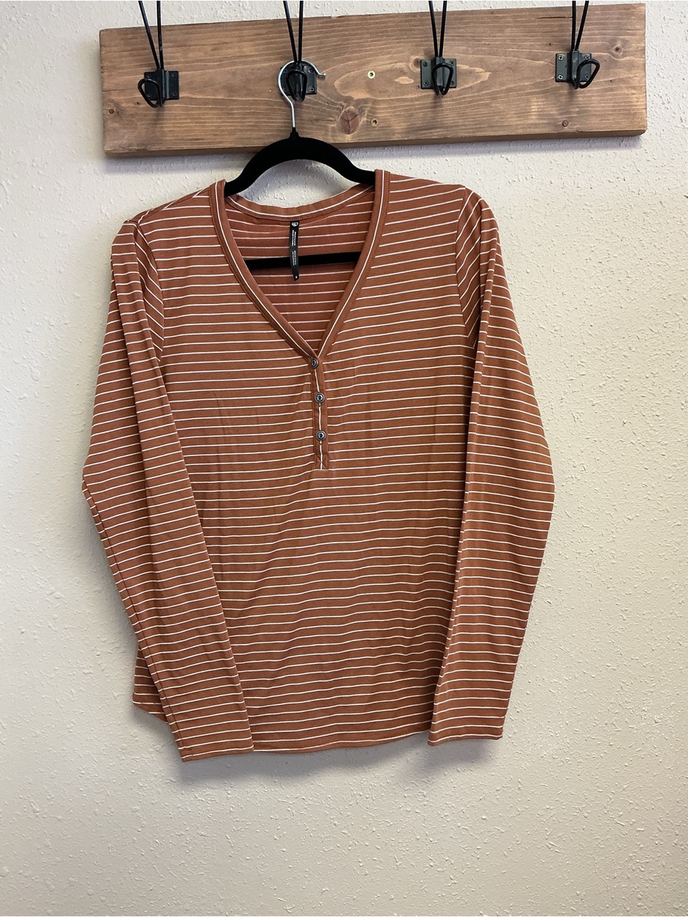 Kuhl Rust and White Striped V-Neck Ardenna Henley Long Sleeve Top